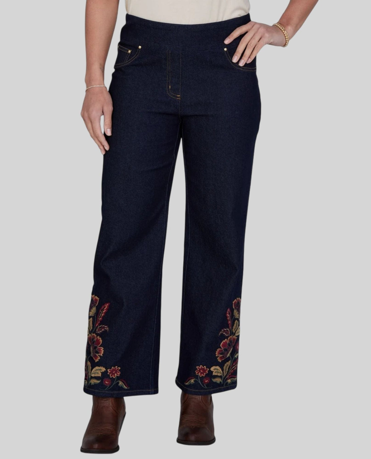 RUBY RD 51901 PETITES STRETCH DENIM PANT WITH EMBROIDERY