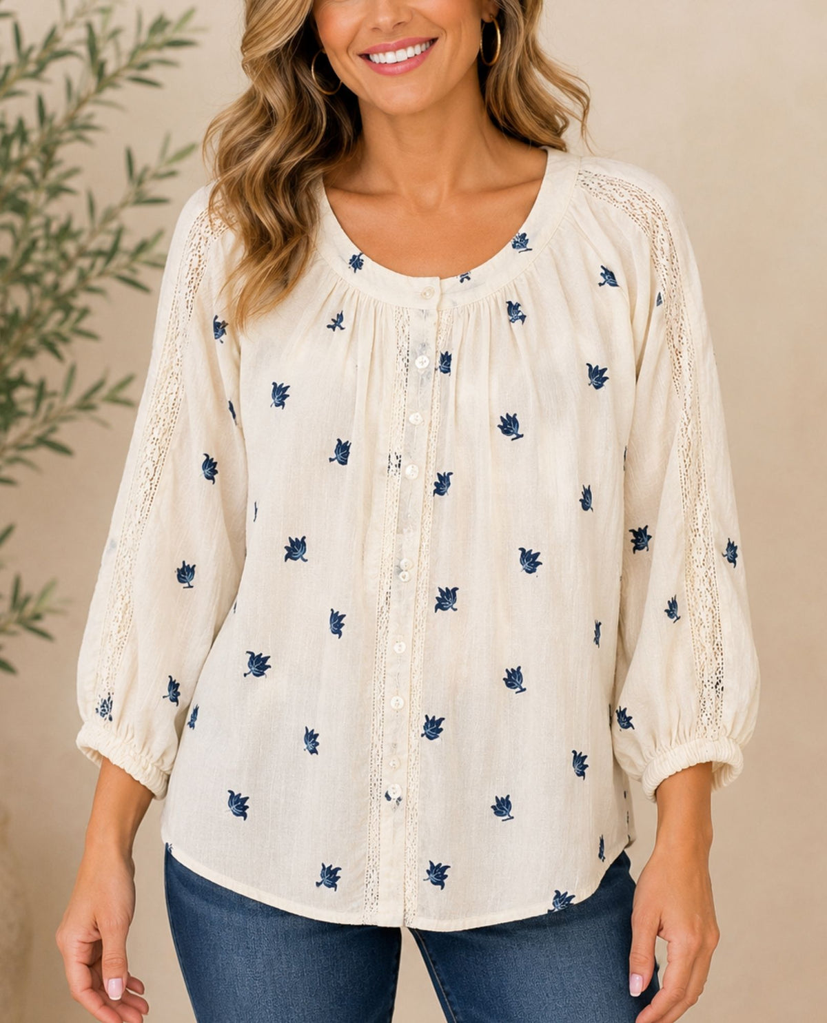 RUBY RD 51941 PETITES EMBROIDERED DOBBY STRIPE TOP