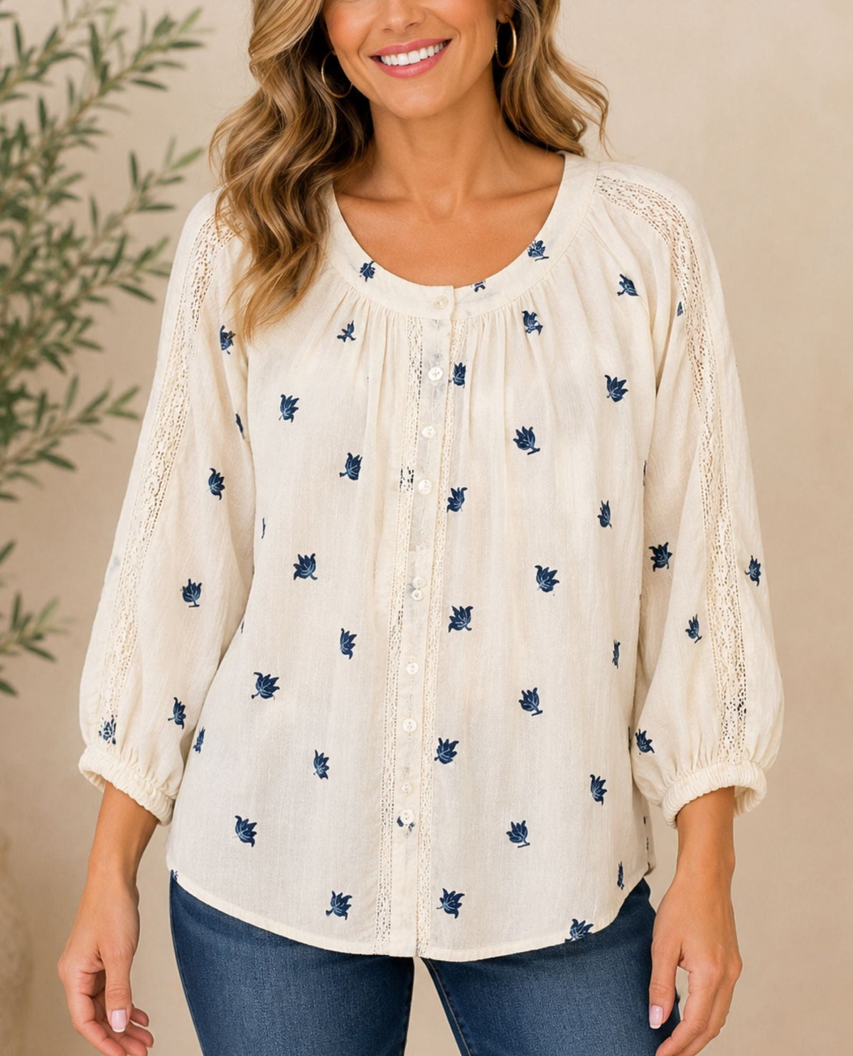 RUBY RD 51941 PETITES EMBROIDERED DOBBY STRIPE TOP