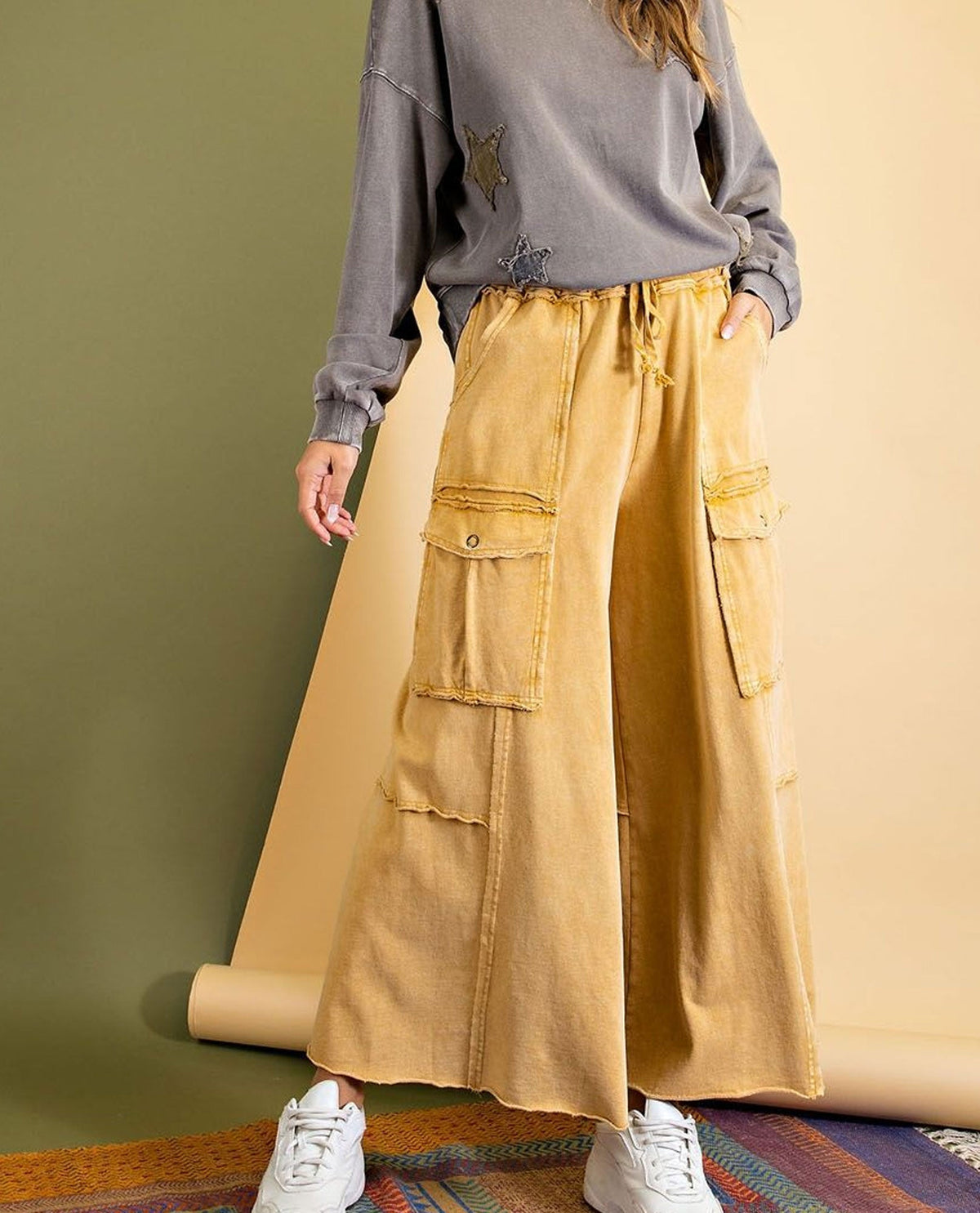 Easel EB40795 Wide Leg Mineral Wash Pants
