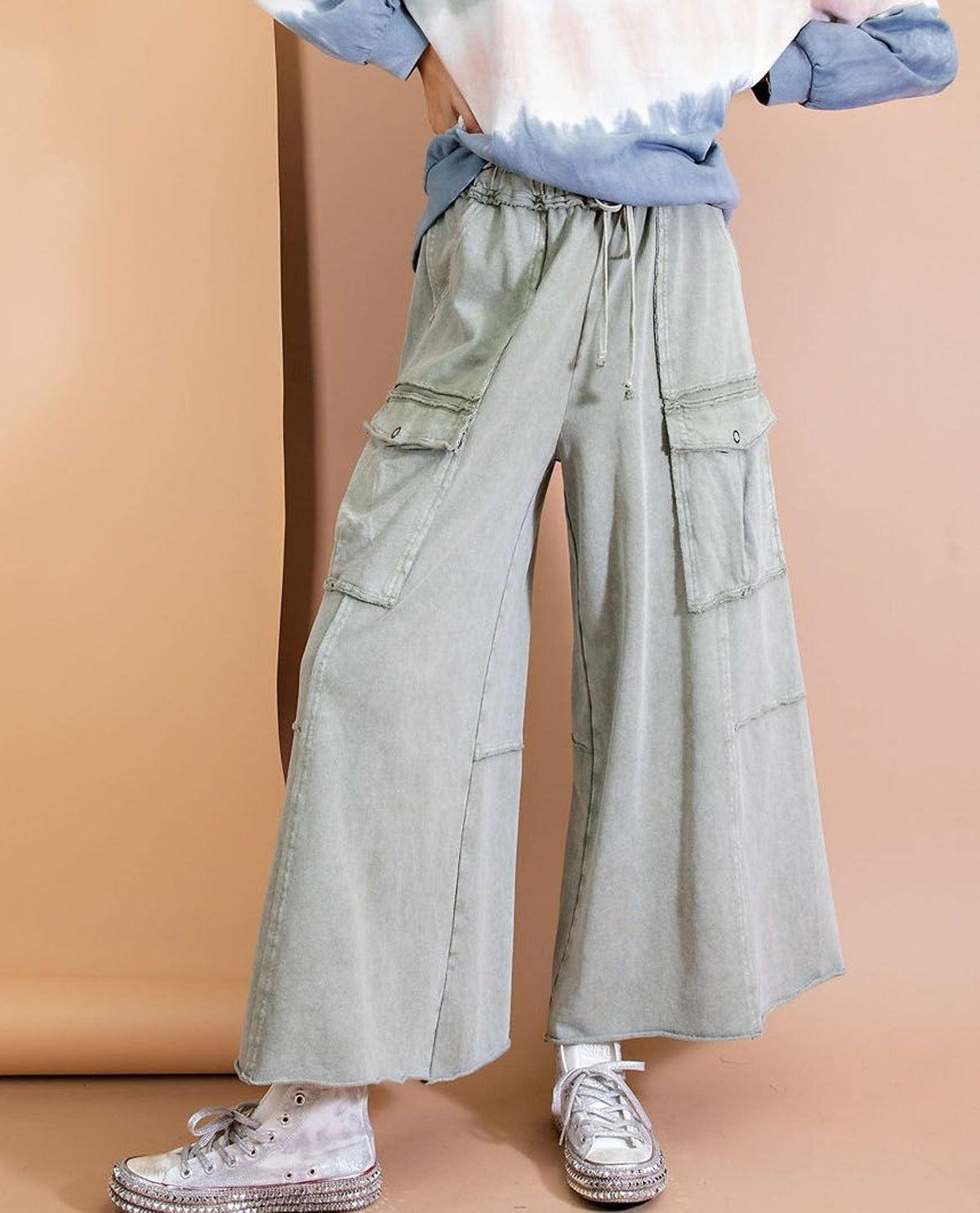 Easel EB40795 Wide Leg Mineral Wash Pants